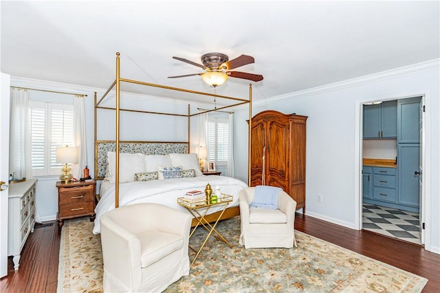 bedroom featuring multiple windows, ceiling fan, dark hardwood / wood-style flooring, and ornamental molding