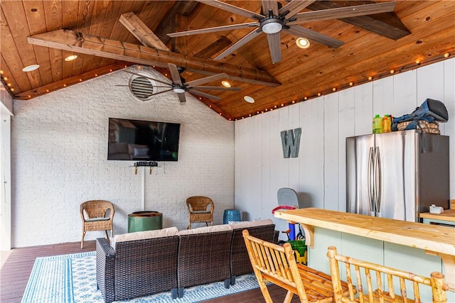 view of patio / terrace featuring an outdoor living space, ceiling fan, and a deck