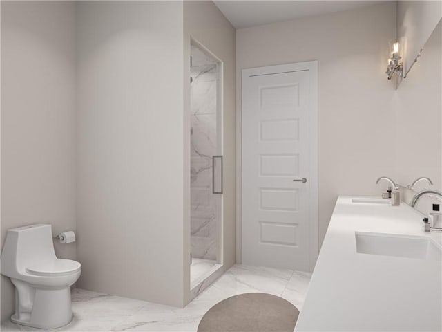 bathroom featuring vanity, toilet, and tiled shower