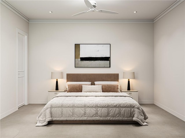 bedroom featuring ceiling fan, light colored carpet, and ornamental molding