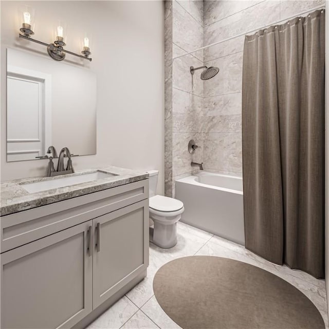 full bathroom with toilet, shower / bath combination with curtain, and vanity