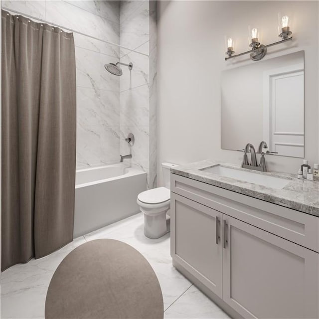 full bathroom featuring toilet, shower / bathtub combination with curtain, and vanity