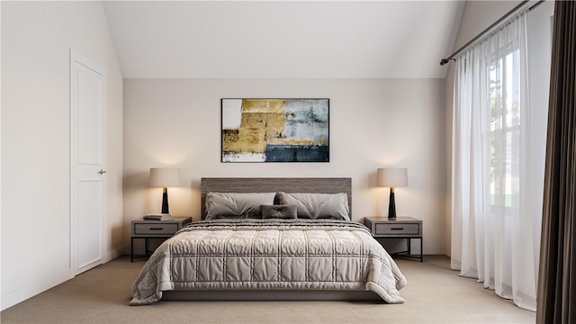 carpeted bedroom featuring lofted ceiling