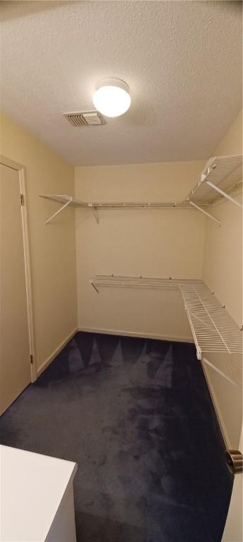 walk in closet featuring dark carpet