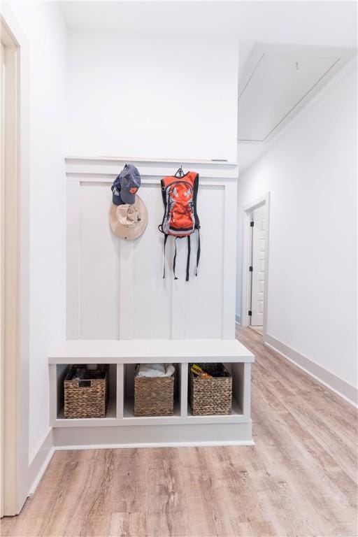 792 Village Dr, Opelika, AL 36801 - mudroom featuring light wood-style flooring and attic access