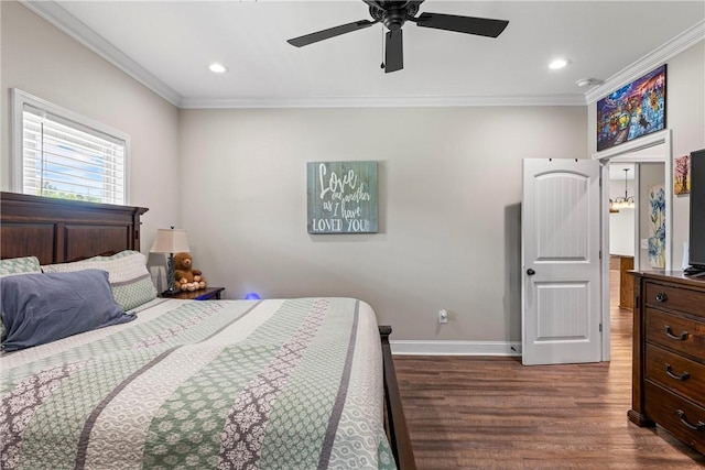 160 Indian Ln, Tallassee, AL 36078 - bedroom with dark wood-style floors, ornamental molding, baseboards, recessed lighting, and ceiling fan