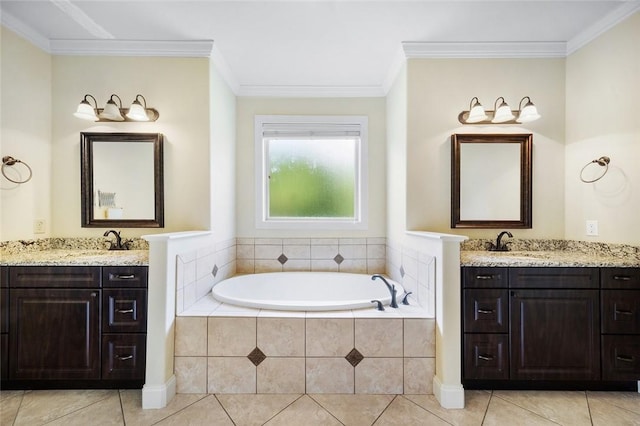 3204 Pinecrest Dr, Opelika, AL 36801 - full bath featuring two vanities, tile patterned flooring, a garden tub, and crown molding