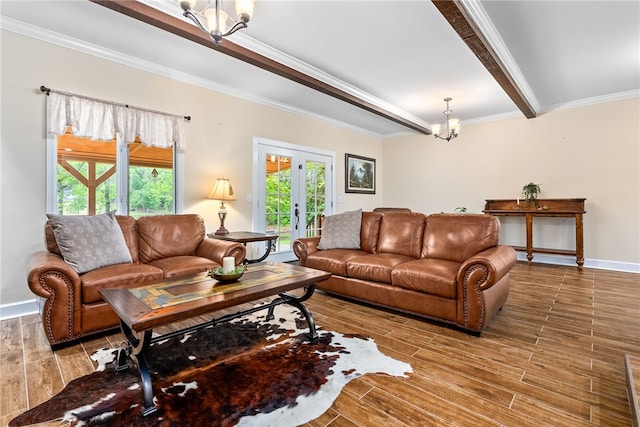 601 Overlook Dr, Opelika, AL 36801 - living area with french doors, wood finished floors, beam ceiling, and a chandelier