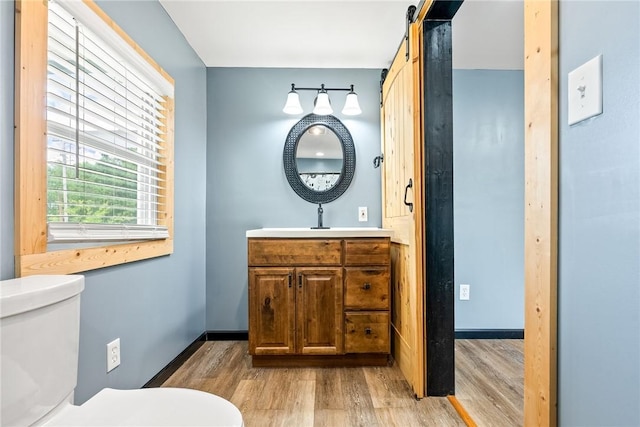 bathroom with wood finished floors, toilet, vanity, and baseboards