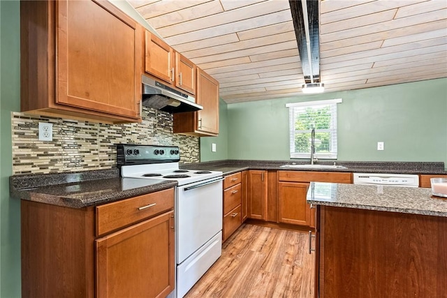 kitchen with white appliances, a sink, under cabinet range hood, wood ceiling, and light wood finished floors