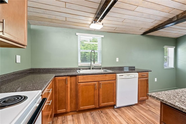 kitchen with white dishwasher, a sink, wooden ceiling, light wood-style flooring, and brown cabinetry