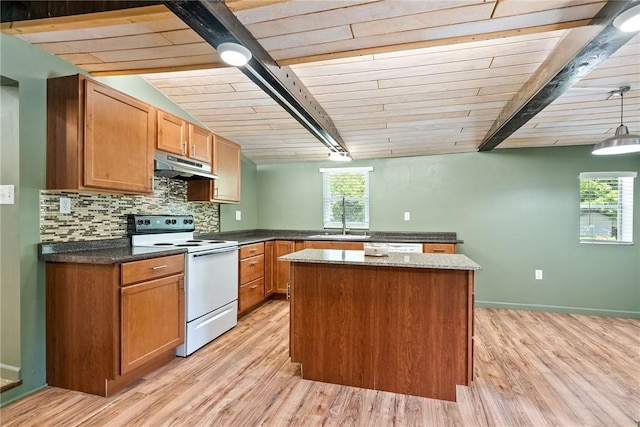 kitchen featuring white electric range, beam ceiling, light wood-style floors, under cabinet range hood, and wood ceiling