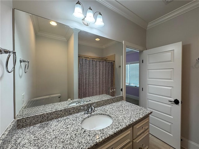 full bath featuring curtained shower, baseboards, and ornamental molding