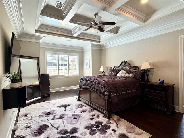 bedroom featuring coffered ceiling, crown molding, wood finished floors, and visible vents