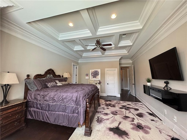 bedroom featuring crown molding, beamed ceiling, recessed lighting, wood finished floors, and coffered ceiling