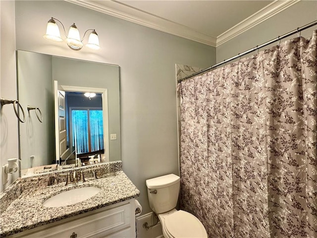 full bathroom with crown molding, toilet, curtained shower, and vanity