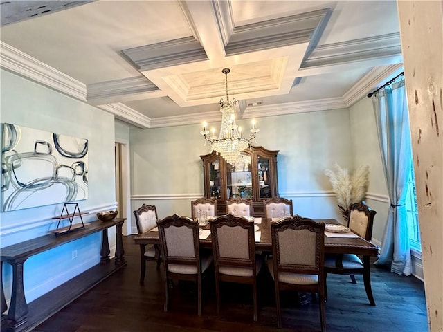 dining room featuring ornamental molding, wood finished floors, coffered ceiling, a notable chandelier, and baseboards