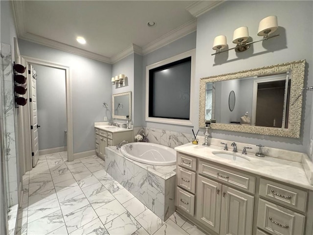 full bathroom with a bath, two vanities, a sink, and baseboards