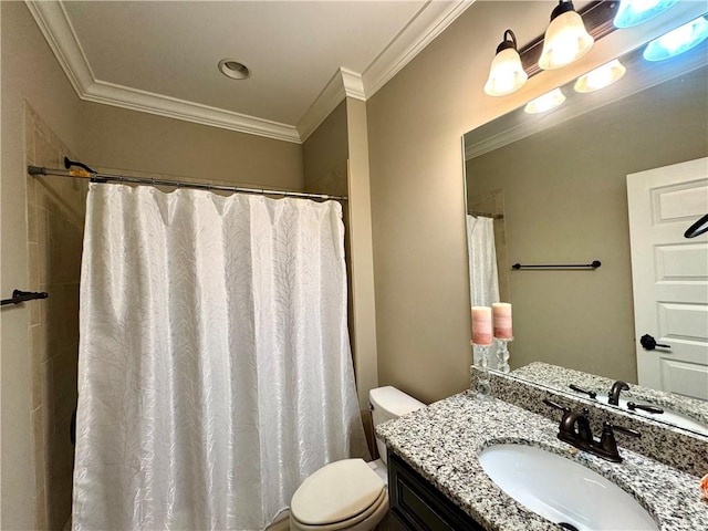 full bath with toilet, crown molding, vanity, and curtained shower