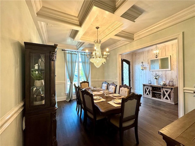 dining area featuring crown molding, beamed ceiling, dark wood-style flooring, coffered ceiling, and a notable chandelier