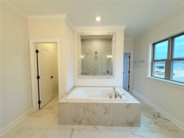 bathroom with independent shower and bath and ornamental molding