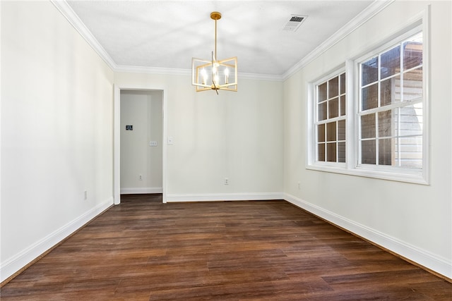 interior space with baseboards, visible vents, ornamental molding, dark wood-style flooring, and a chandelier