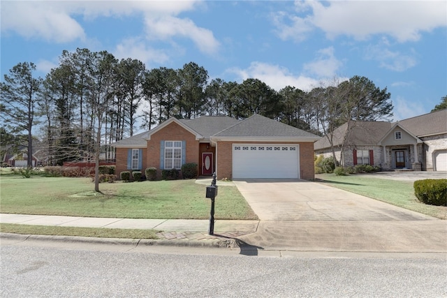 view of front of home featuring brick siding, driveway, an attached garage, and a front lawn