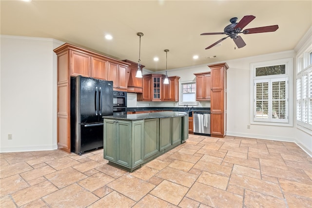 kitchen featuring a center island, dishwasher, freestanding refrigerator, brown cabinetry, and green cabinetry