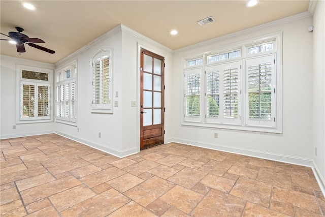 interior space with visible vents, recessed lighting, crown molding, and baseboards