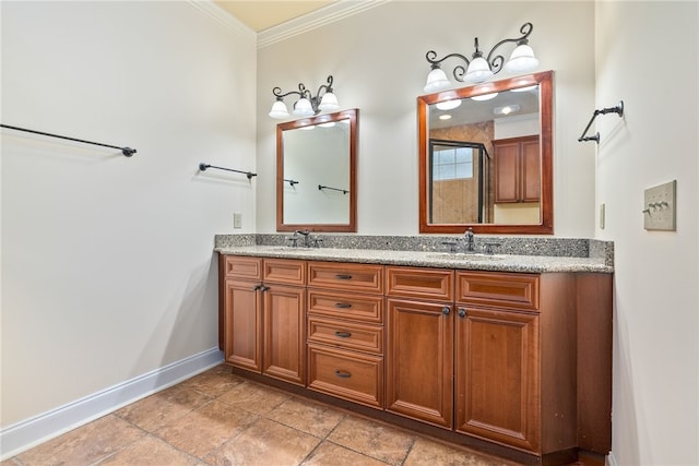 full bathroom with double vanity, a sink, a shower stall, and ornamental molding