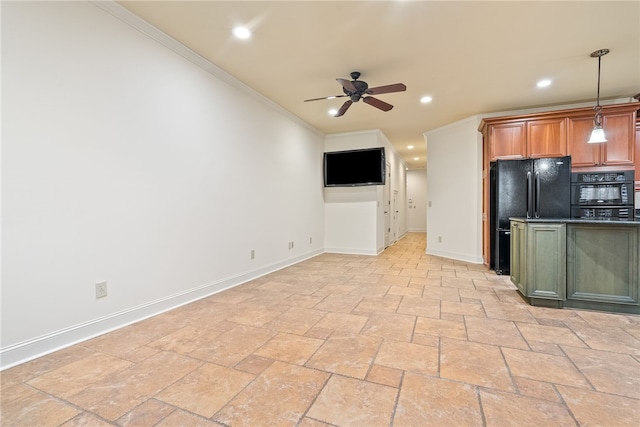 kitchen with black appliances, crown molding, recessed lighting, and baseboards