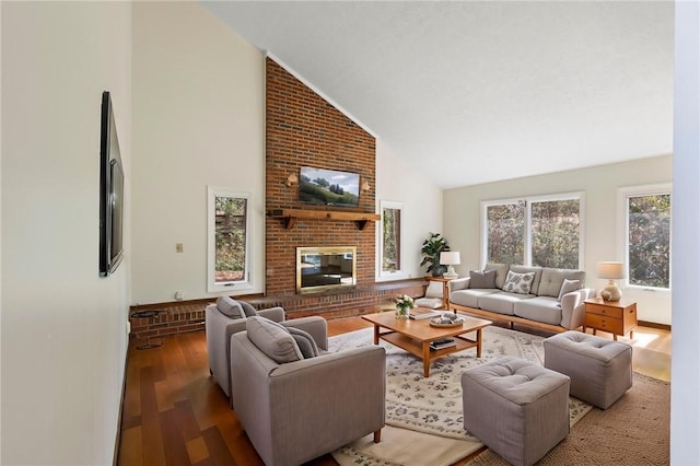 living area featuring high vaulted ceiling, a fireplace, and wood finished floors