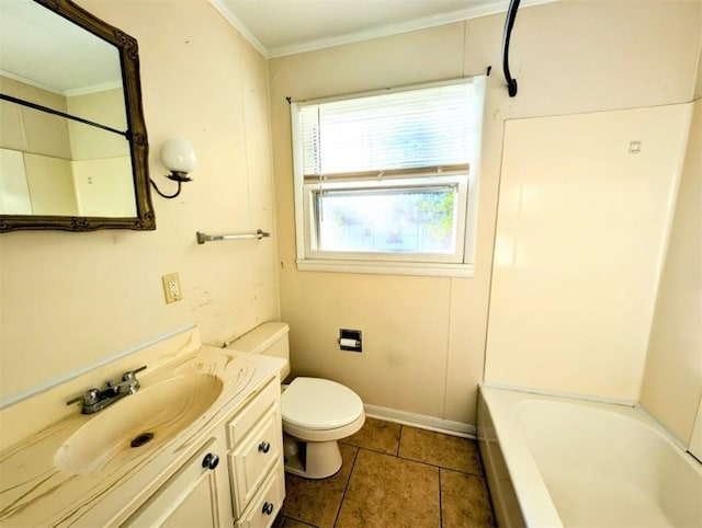 full bathroom featuring crown molding, washtub / shower combination, tile patterned flooring, vanity, and toilet