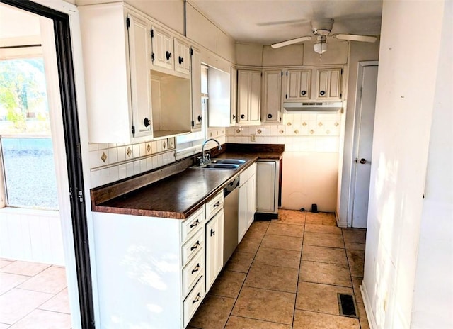 kitchen featuring tasteful backsplash, sink, stainless steel dishwasher, and white cabinets