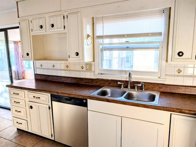 kitchen featuring white cabinetry, sink, tasteful backsplash, and dishwasher