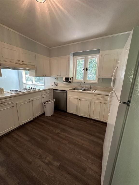 467 Southview Dr, Auburn, AL 36830 - kitchen with sink, white cabinets, dark hardwood / wood-style floors, and white appliances