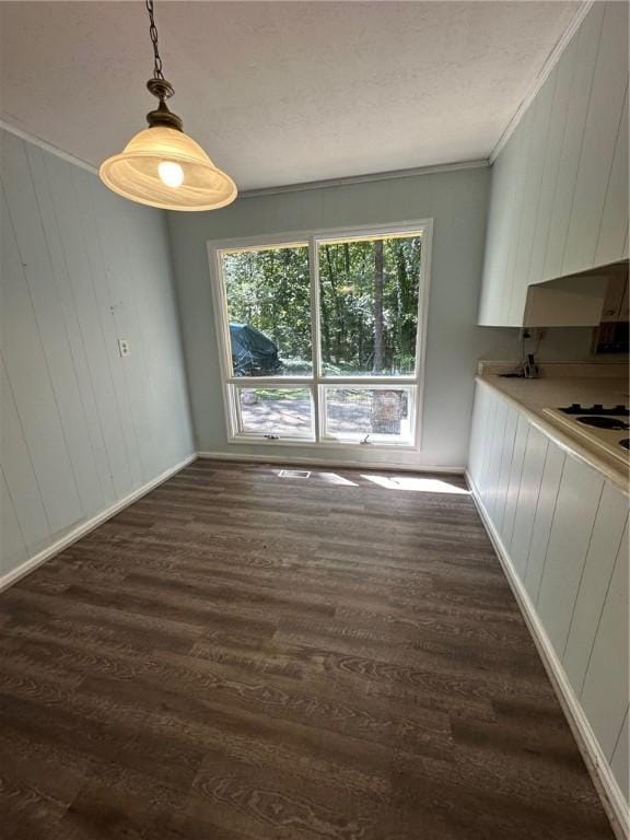 467 Southview Dr, Auburn, AL 36830 - unfurnished dining area featuring wood walls, dark hardwood / wood-style flooring, and crown molding