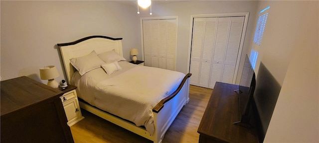 bedroom featuring multiple closets and dark wood-style floors