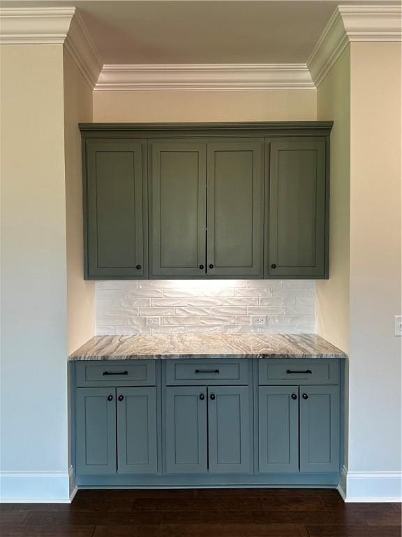489 Windsor Dr, Opelika, AL 36801 - bar with decorative backsplash, dark wood-type flooring, and crown molding