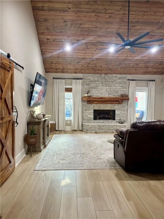 living room with a wealth of natural light, a barn door, wood finished floors, and a stone fireplace