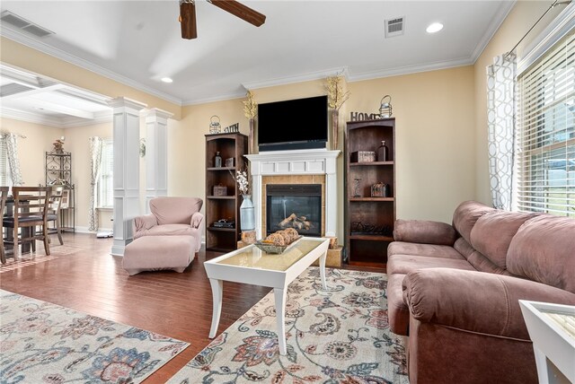 2422 Antler Ridge Dr, Auburn, AL 36832 - living room featuring ornamental molding, wood finished floors, visible vents, and ceiling fan