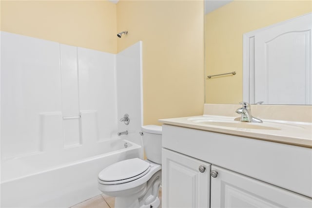 full bathroom with bathtub / shower combination, tile patterned floors, vanity, and toilet