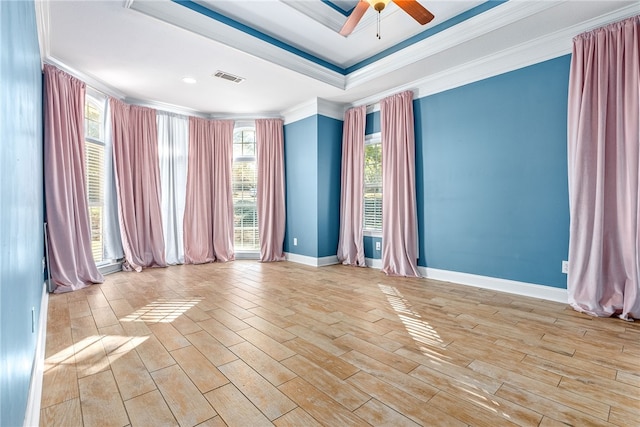 unfurnished room with light hardwood / wood-style flooring, ceiling fan, and ornamental molding