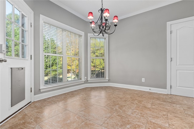 unfurnished dining area with an inviting chandelier and ornamental molding