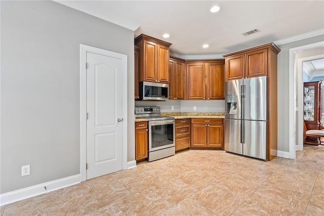 kitchen featuring light stone counters, ornamental molding, and stainless steel appliances