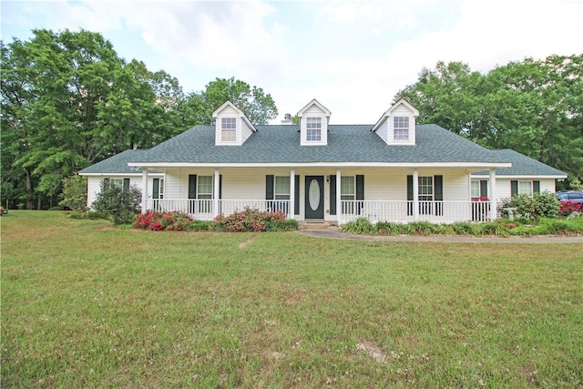 cape cod home with covered porch, a front yard, and a shingled roof