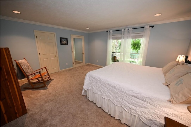 1765 Creekwood Trl, Auburn, AL 36830 - bedroom with light carpet, recessed lighting, ornamental molding, and access to outside