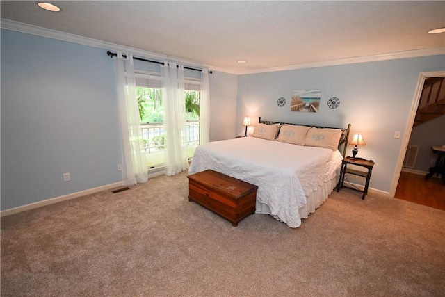 1765 Creekwood Trl, Auburn, AL 36830 - bedroom featuring ornamental molding, light carpet, access to outside, and recessed lighting