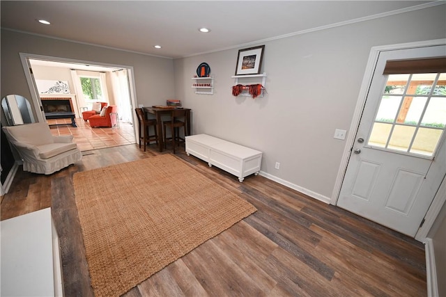 510 S Dean Rd, Auburn, AL 36830 - foyer with crown molding, dark wood finished floors, and recessed lighting