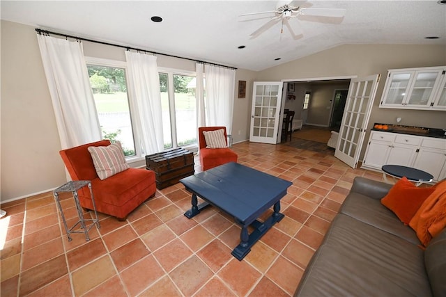 510 S Dean Rd, Auburn, AL 36830 - living area with vaulted ceiling, ceiling fan, light tile patterned floors, and french doors